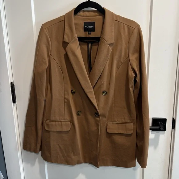 Liverpool X Living in Yellow Becca Double Breasted Tan Blazer Large EUC